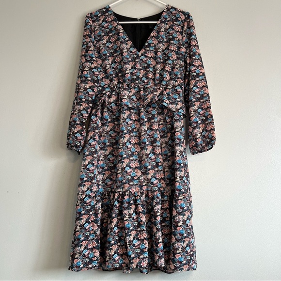 J Crew Long Sleeve Floral Ruffle Tiered Midi Dress Sz 8 V Neck Flirty Flowy - Picture 1 of 12